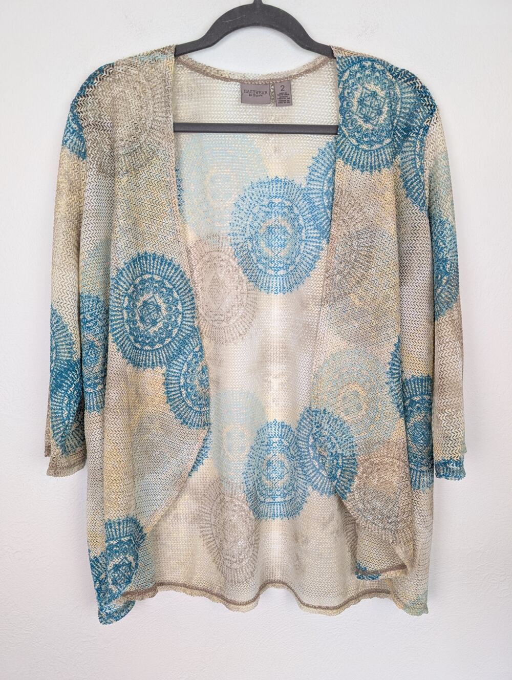 Chico's Easywear Cardigan Open Front Woven Medallion Coastal Beach Cream Size L